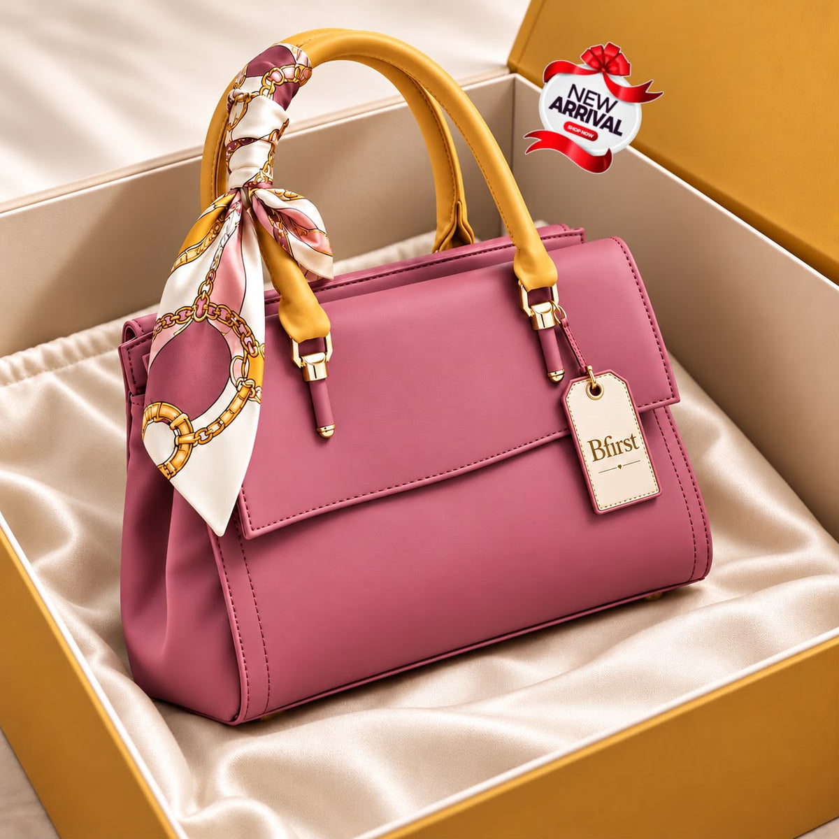 Rose Pink Party Satchel Handbag with Scarf Handle