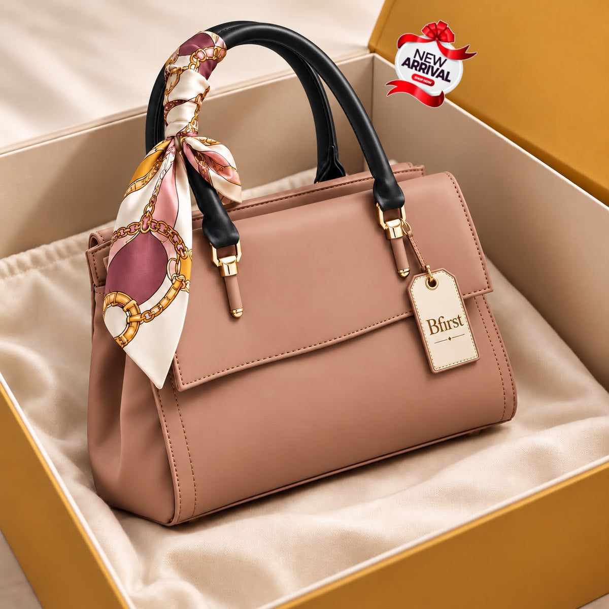 Rose Pink Party Satchel Handbag with Scarf Handle