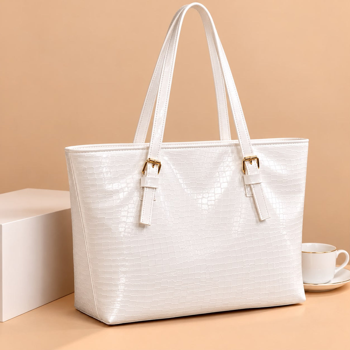 White Croc-Embossed Executive Tote Bag