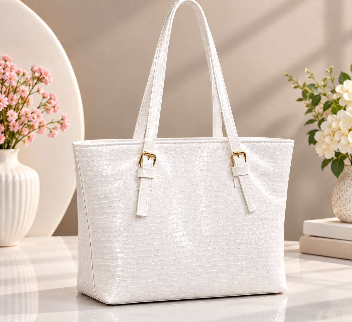 White Croc-Embossed Executive Tote Bag