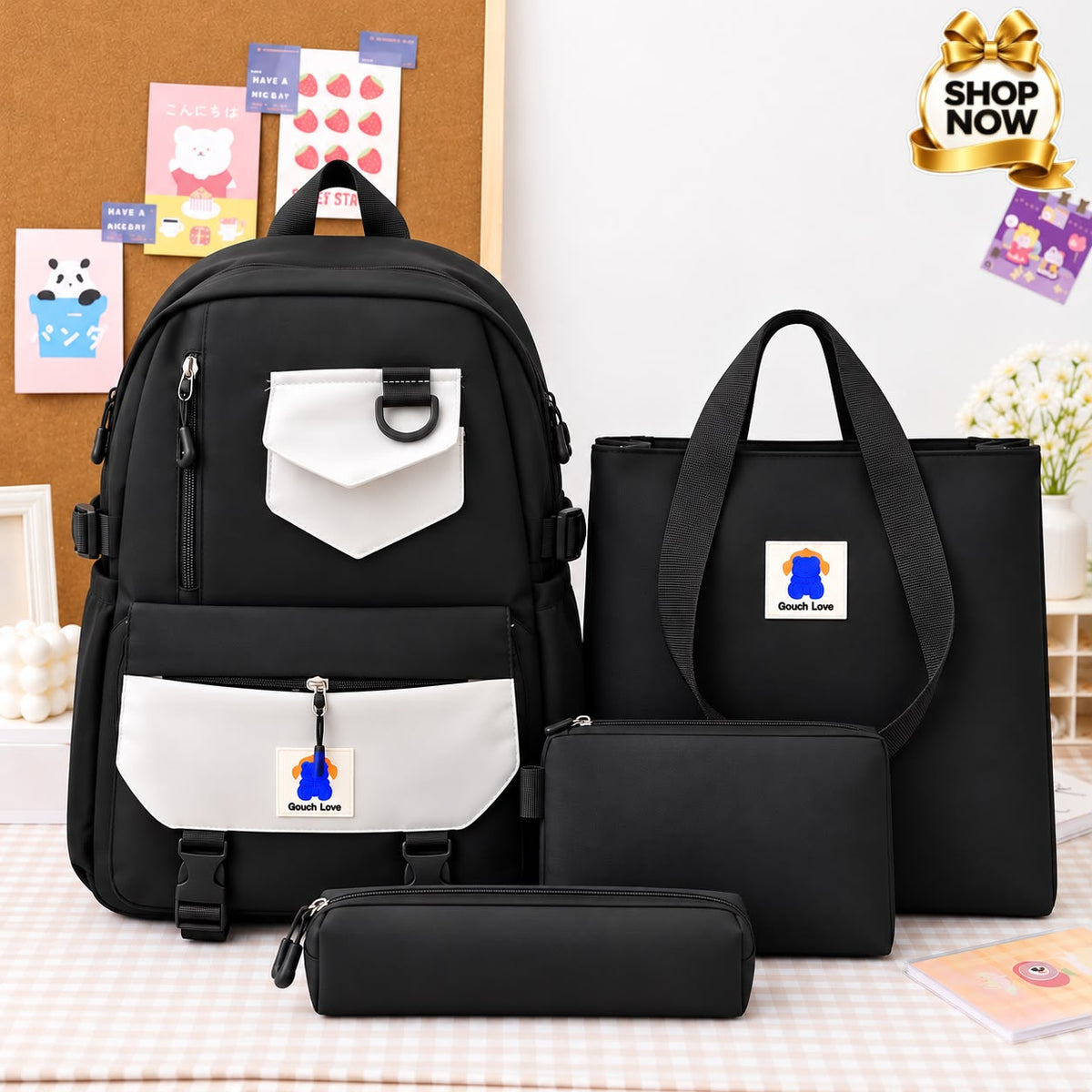 Trendy 4-Piece School Backpack Set with Tote Bag &amp; Pouches