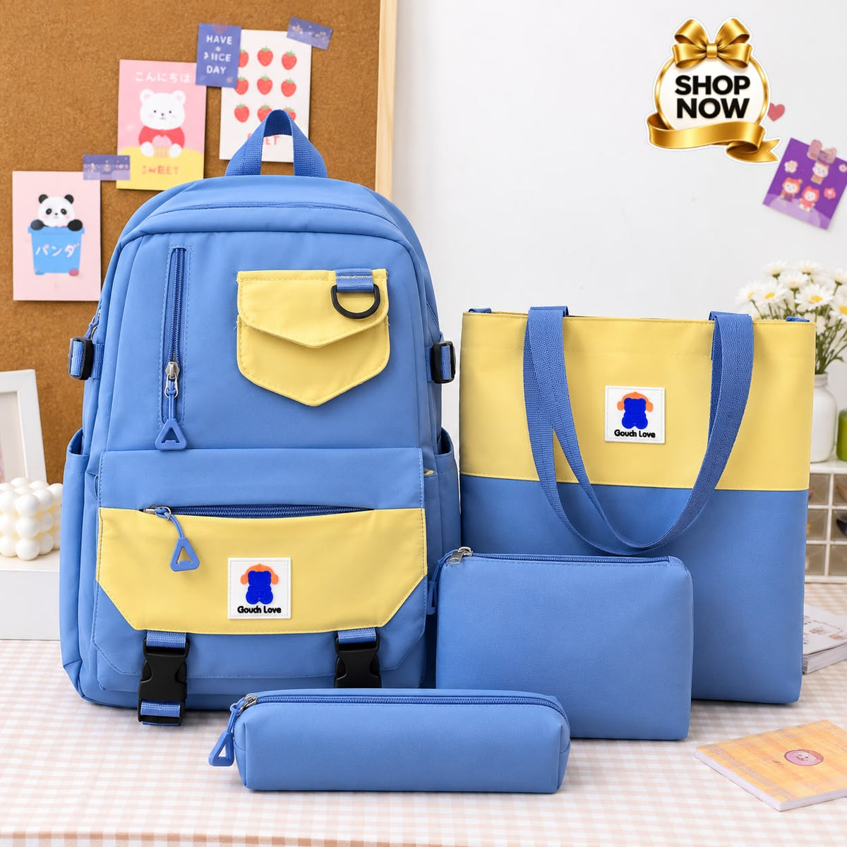 Trendy 4-Piece School Backpack Set with Tote Bag &amp; Pouches