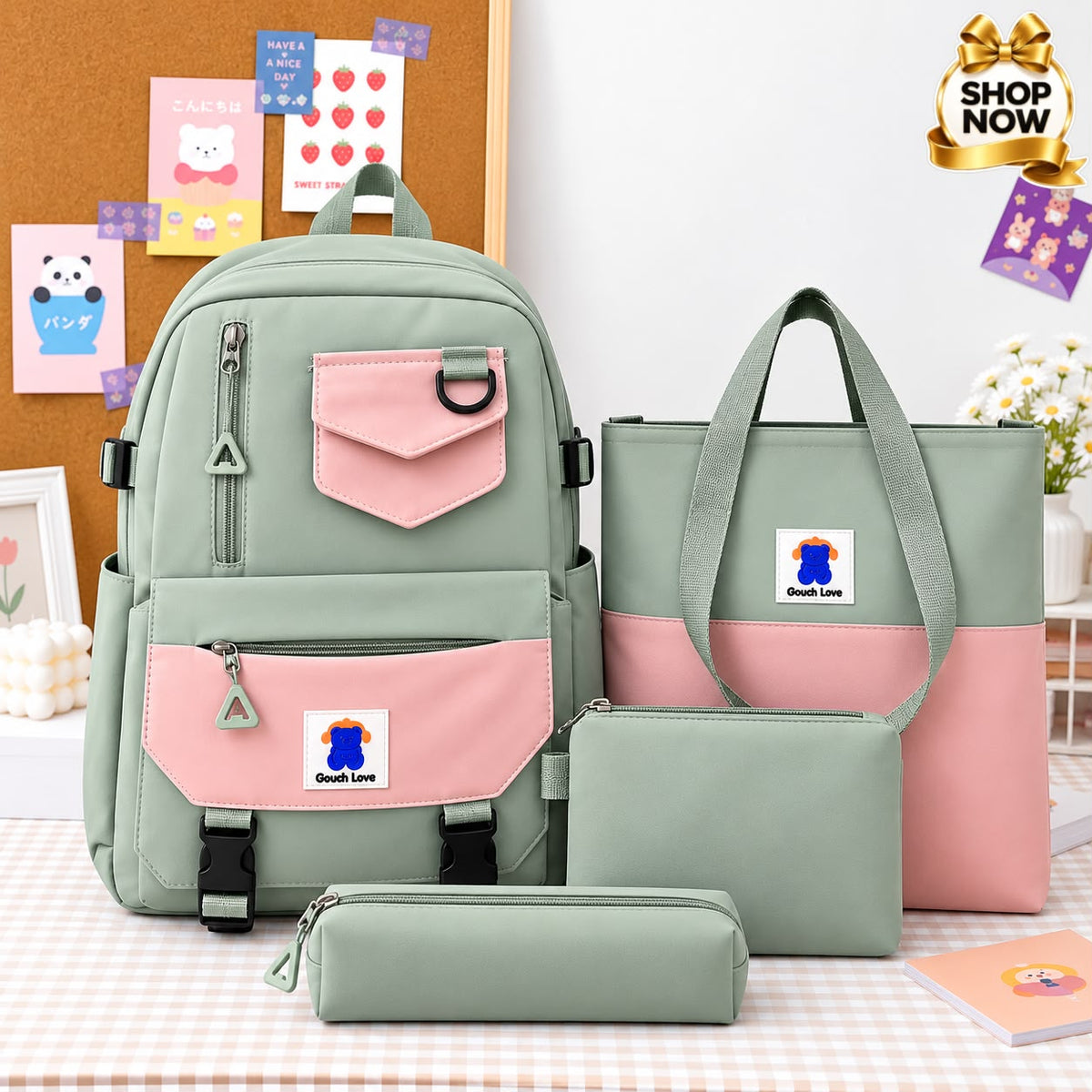 Trendy 4-Piece School Backpack Set with Tote Bag &amp; Pouches