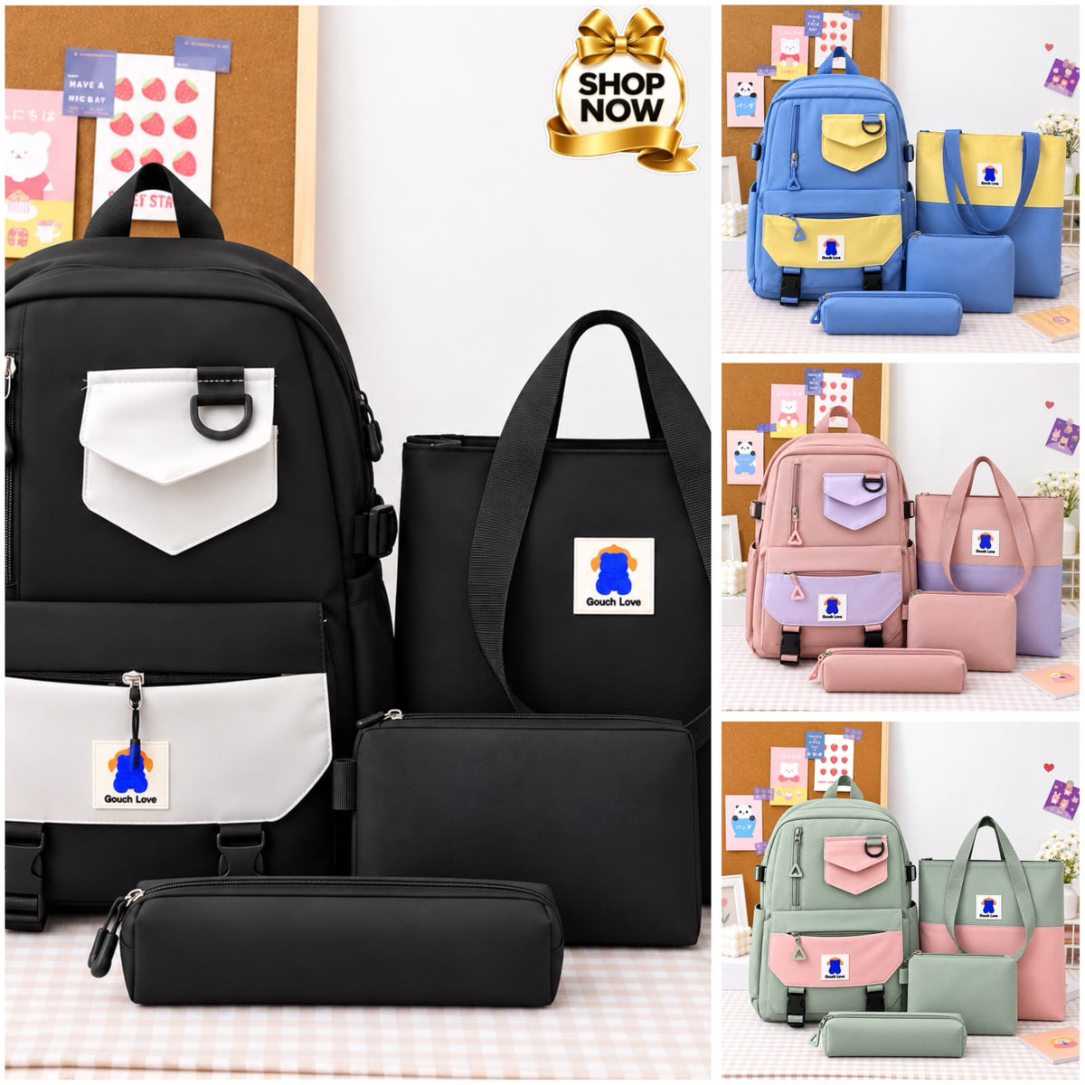 Trendy 4-Piece School Backpack Set with Tote Bag &amp; Pouches
