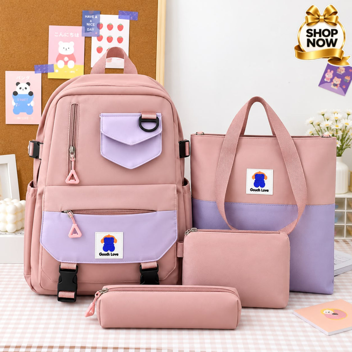 Trendy 4-Piece School Backpack Set with Tote Bag &amp; Pouches