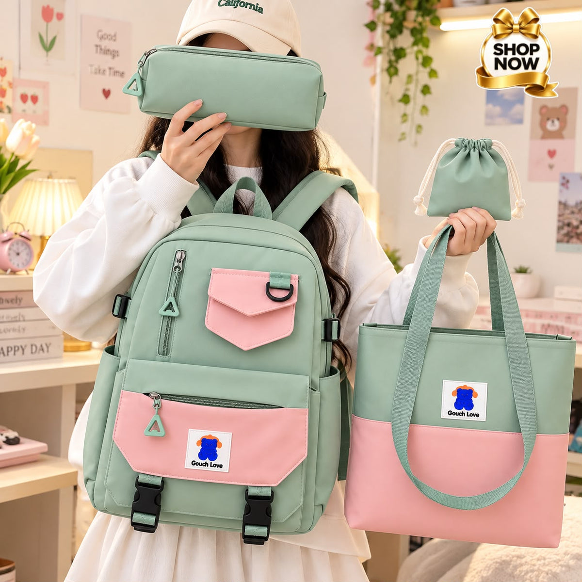 Trendy 4-Piece School Backpack Set with Tote Bag &amp; Pouches