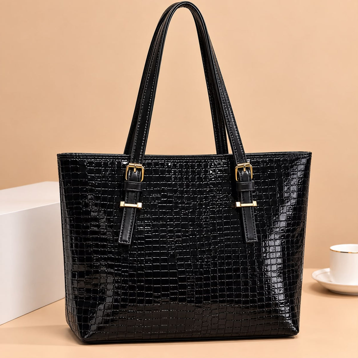 White Croc-Embossed Executive Tote Bag